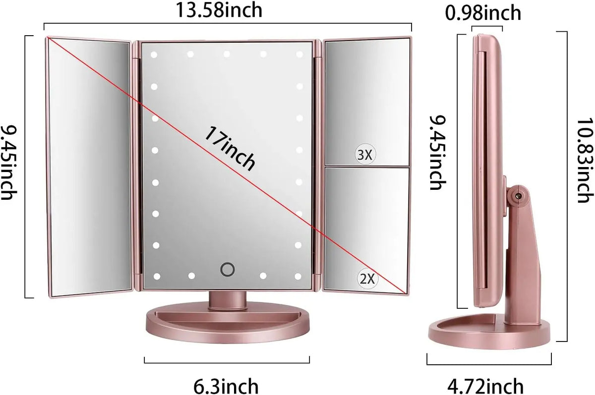 LED Tri Fold Vanity Mirror, 1X 2X 3X Magnifying Makeup Mirror with Touch Control and USB Power BeautyCareAvenue