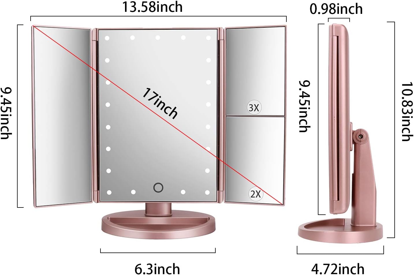 LED Tri Fold Vanity Mirror, 1X 2X 3X Magnifying Makeup Mirror with Touch Control