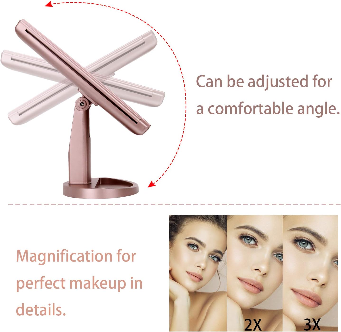 LED Tri Fold Vanity Mirror, 1X 2X 3X Magnifying Makeup Mirror with Touch Control