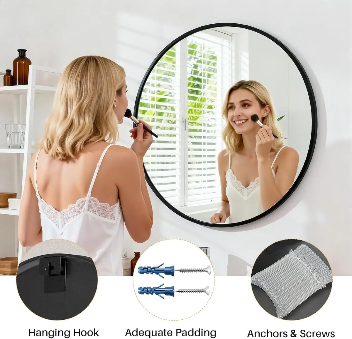 24 Inch Round Bathroom Mirror, Matte Black Aluminum Frame, Tempered Glass Vanity Wall Mirror for Bedroom, Living Room and Entryway BeautyCareAvenue