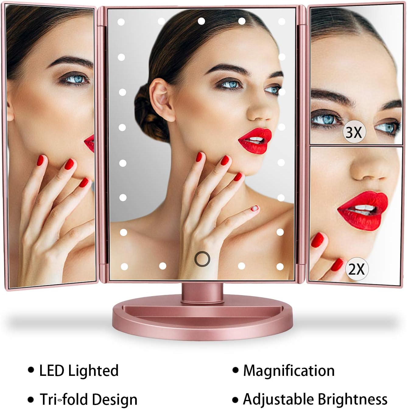 LED Tri Fold Vanity Mirror, 1X 2X 3X Magnifying Makeup Mirror with Touch Control