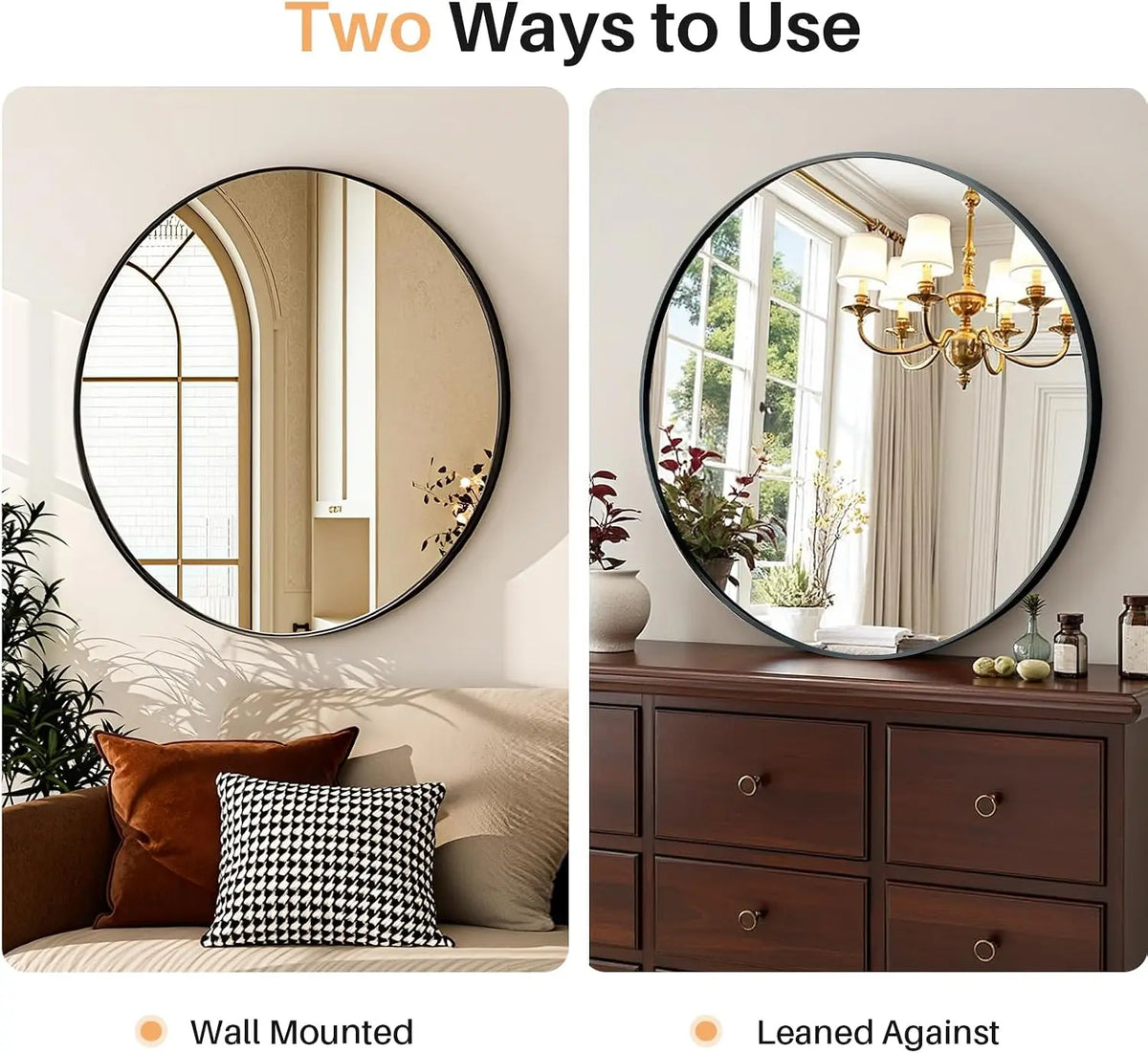 24 Inch Round Bathroom Mirror, Matte Black Aluminum Frame, Tempered Glass Vanity Wall Mirror for Bedroom, Living Room and Entryway BeautyCareAvenue
