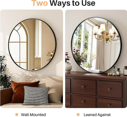 24 Inch Round Bathroom Mirror, Matte Black Aluminum Frame, Tempered Glass Vanity Wall Mirror for Bedroom, Living Room and Entryway BeautyCareAvenue