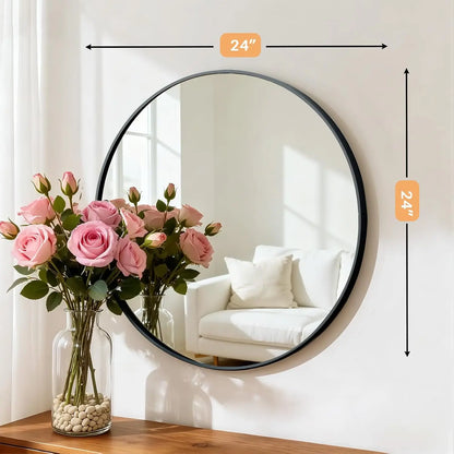 24 Inch Round Bathroom Mirror, Matte Black Aluminum Frame, Tempered Glass Vanity Wall Mirror for Bedroom, Living Room and Entryway BeautyCareAvenue