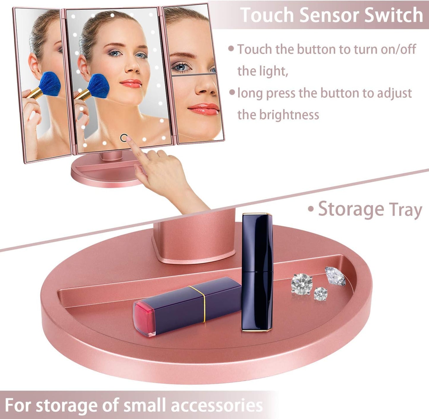LED Tri Fold Vanity Mirror, 1X 2X 3X Magnifying Makeup Mirror with Touch Control