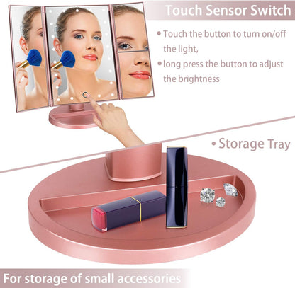 LED Tri Fold Vanity Mirror, 1X 2X 3X Magnifying Makeup Mirror with Touch Control
