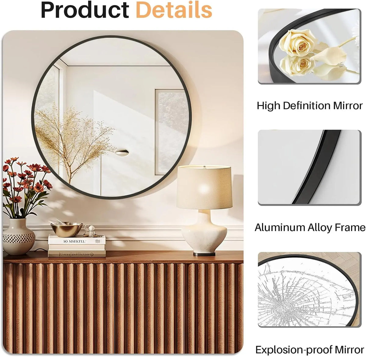 24 Inch Round Bathroom Mirror, Matte Black Aluminum Frame, Tempered Glass Vanity Wall Mirror for Bedroom, Living Room and Entryway BeautyCareAvenue